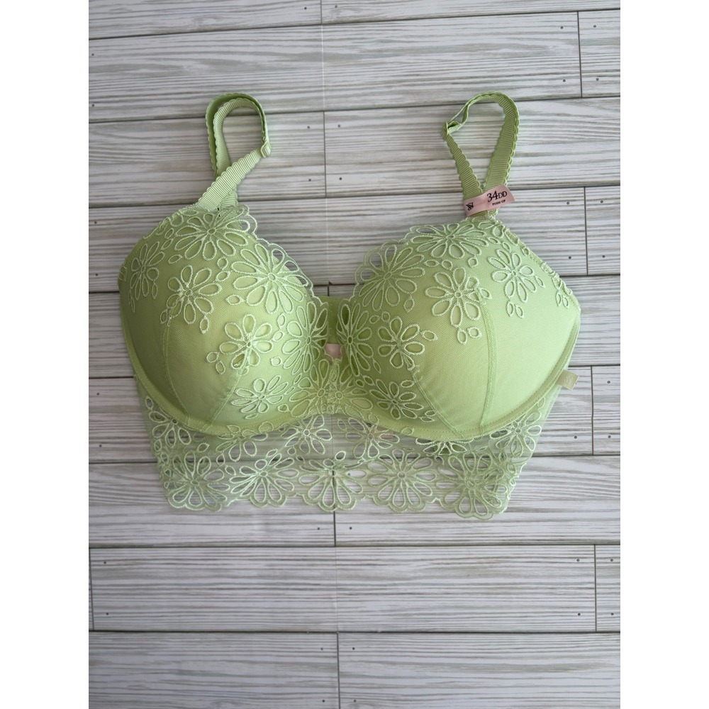 NWT Victoria's‎ Secret Lime Green Floral Lace Longline Push-Up Bra 34DD 11204823